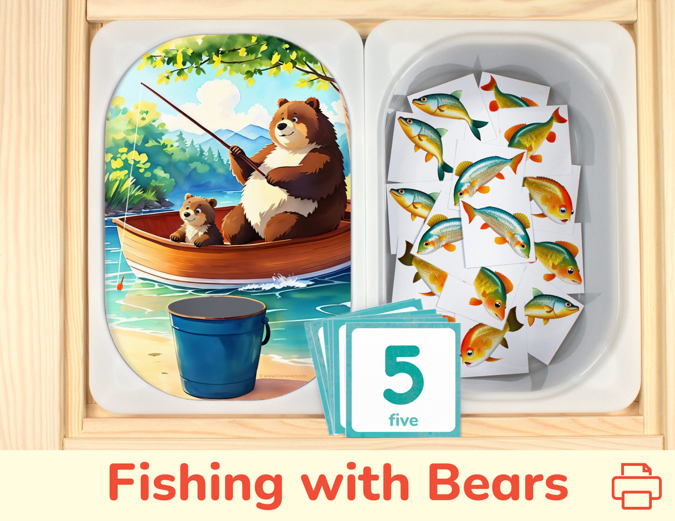 Fishing with bear cub themed preschool counting activity placed on trofast boxes in ikea flisat children's sensory table. Printable toddler activity for woodland animals unit.