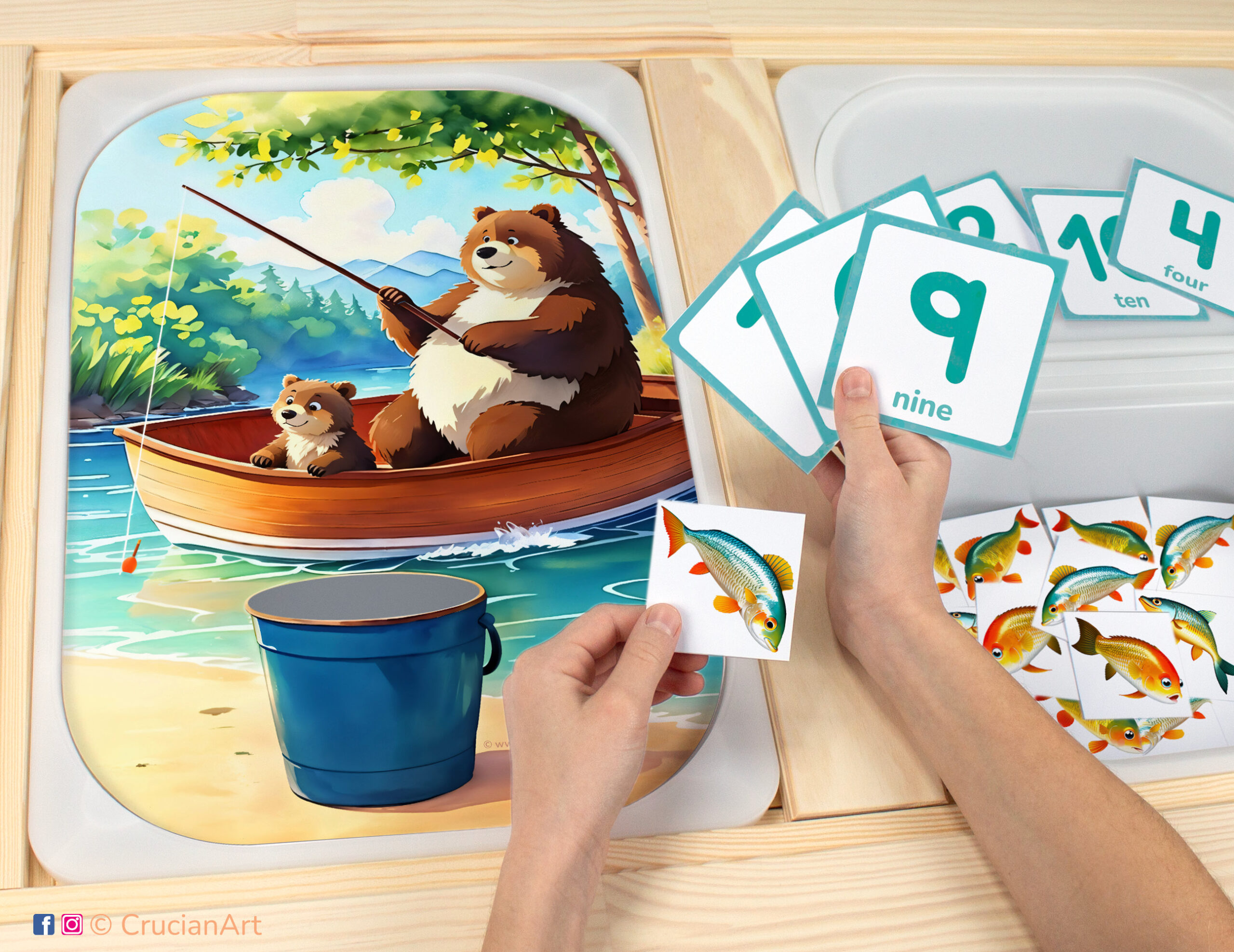 Fishing with bears sensory bins play for toddlers: summer camp theme worksheet for an educational activity. DIY template inserted into ikea flisat table, with counters placed in the trofast bin.