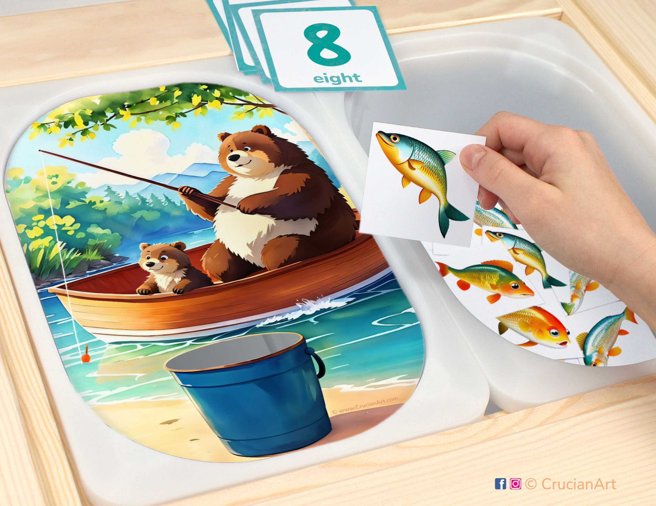 Fishing with bears sensory play in a childcare center: classroom learning printable materials for summer camp unit. Counting trofast insert template for kids sensory bins. Printables for the ikea flisat sensory table.