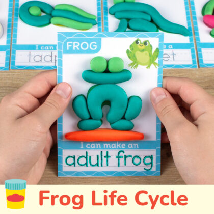 Printable playdough mats for preschool spring season curriculum. Frog life cycle themed play doh mat with tracing word.