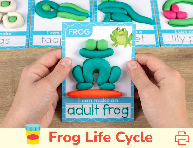 Printable playdough mats for preschool spring season curriculum. Frog life cycle themed play doh mat with tracing word.