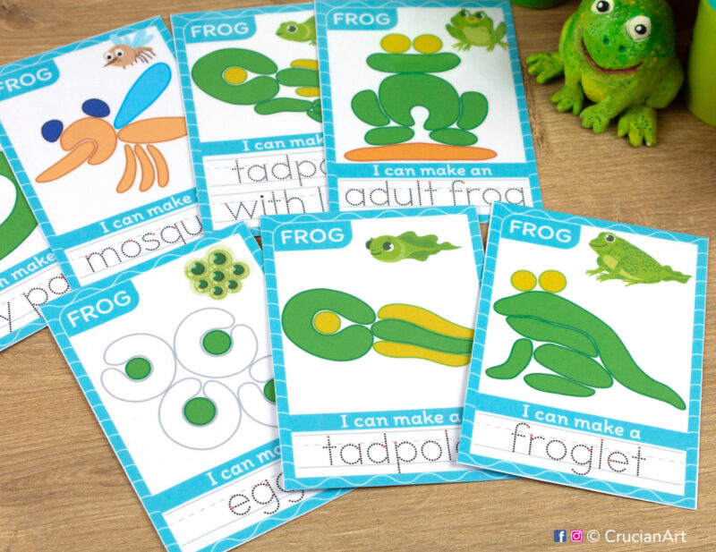 Spring pond creatures themed playdough mats for toddlers and preschoolers with images of a tadpole, froglet, frog, mosquito.
