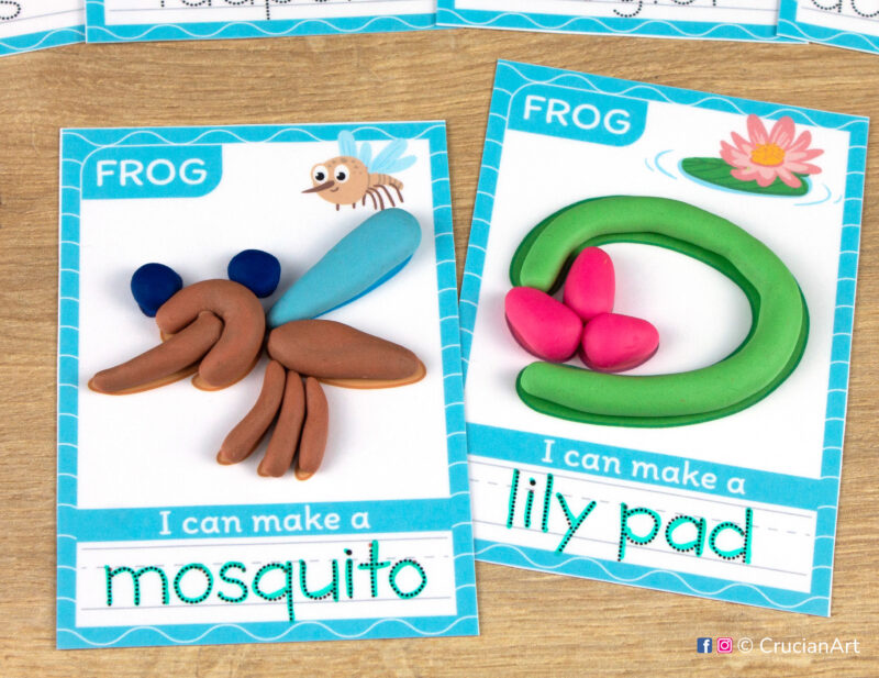 Set of printable playdough mats for a pond life theme: lily pad and mosquito.