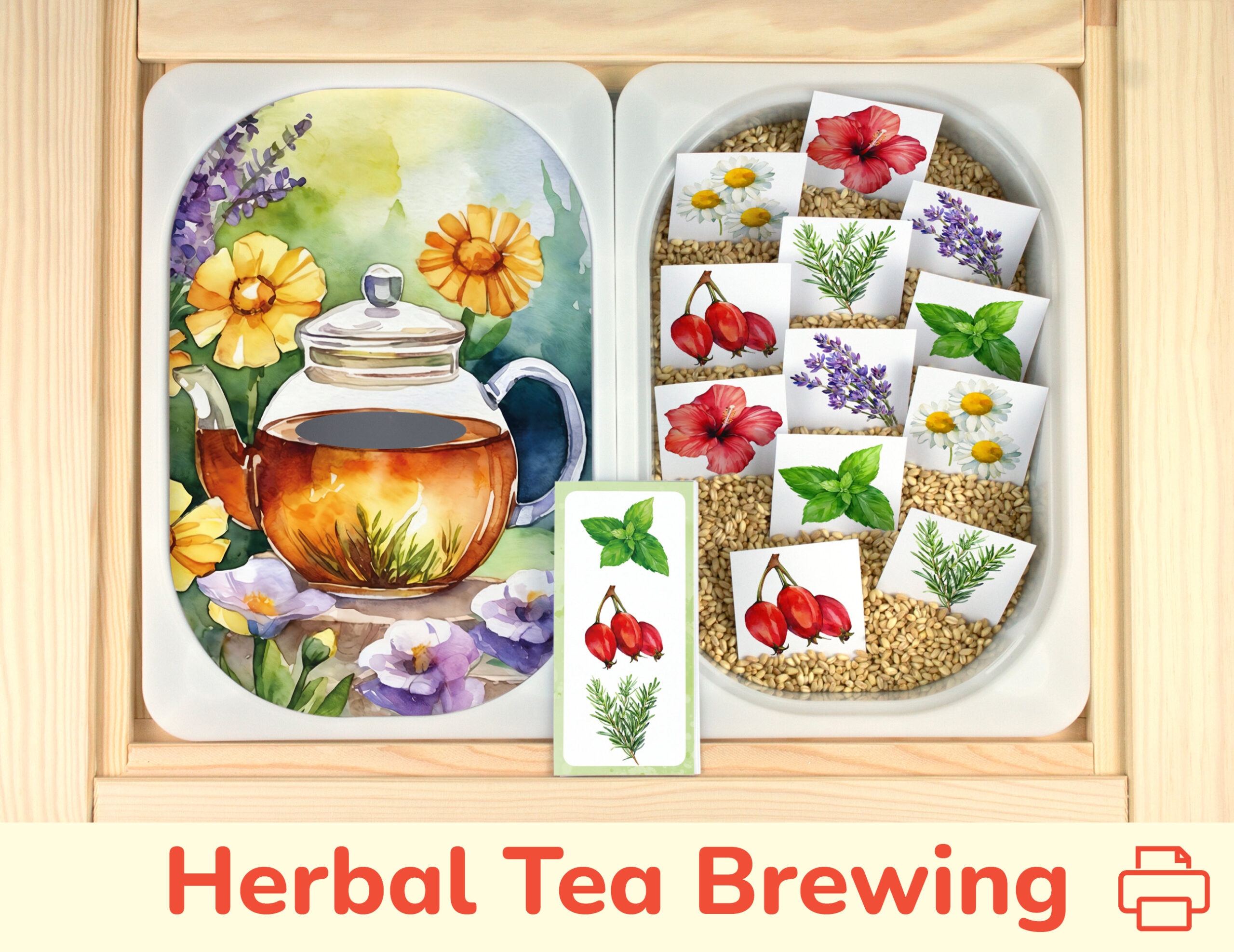 Herbal tea brewing matching activity for kids. Printable insert placed on Trofast sensory bins in IKEA Fflisat children's sensory table.