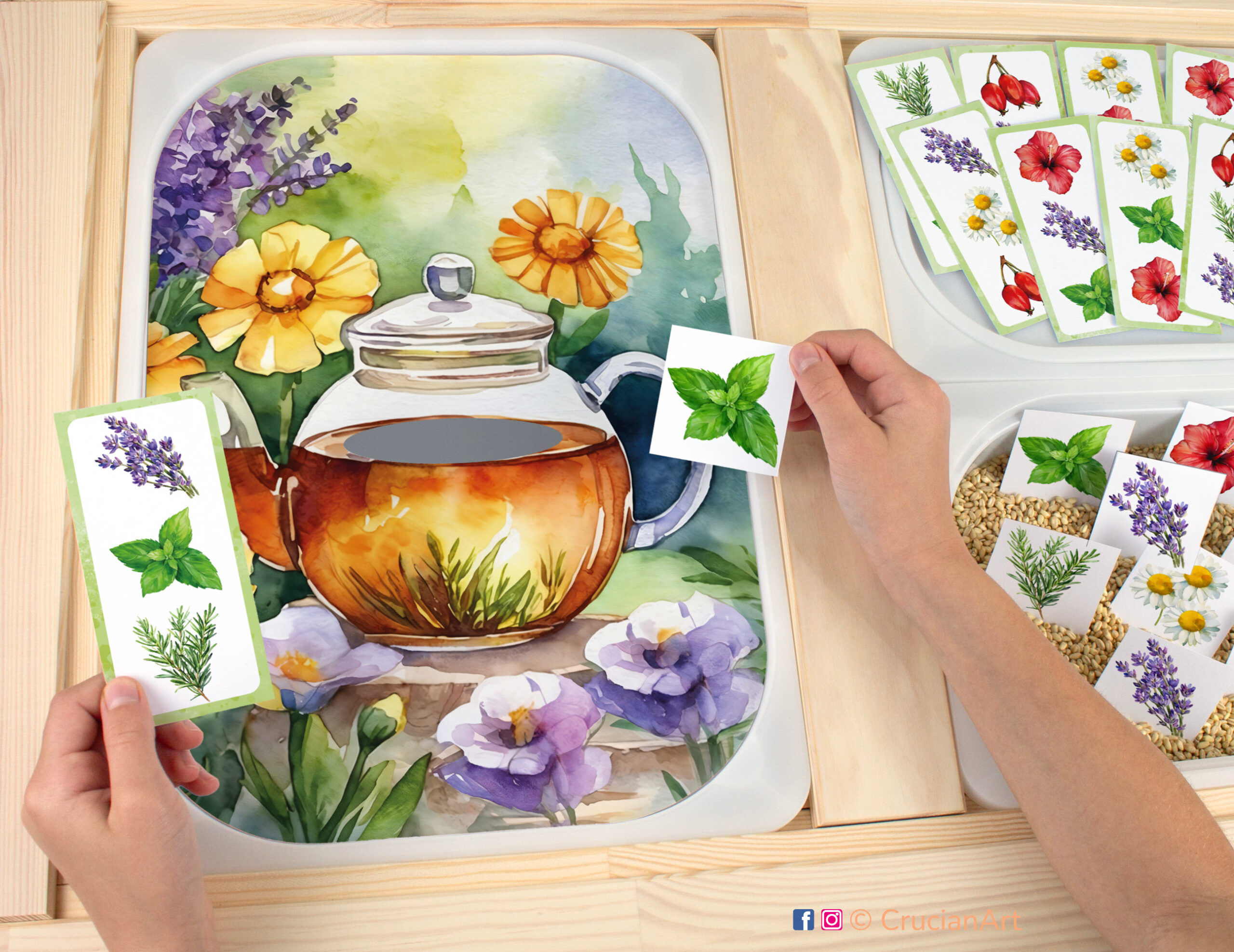 Making herbal tea with chamomile, peppermint, lavender, hibiscus, rosemary, rose hip pretend play. Printable template for ikea flisat sensory table trofast bins for kids. Classroom educational printables for preschoolers.