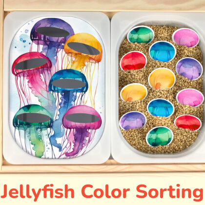 Jellyfish color sorting insert placed on Trofast sensory bins in IKEA Fflisat children's sensory table. Ocean animals theme printable learning activity for toddler.