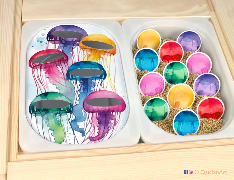 Ocean-themed play setup for a pearl size sorting game. Summertime sensory table insert. Printable template for ikea flisat sensory table bins for kids.
