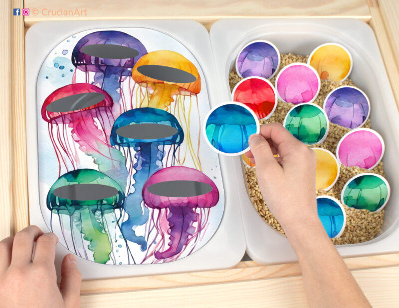 Jellyfish color sorting sensory play for a daycare center. Printable template for ikea flisat table bins for kids. Classroom educational printables for an ocean animals unit.