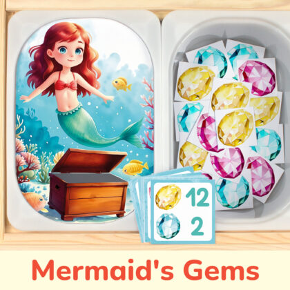 Mermaid's treasure chest sorting and counting activity placed on trofast boxes in ikea flisat children's sensory table. Printable activity for the treasure island adventure unit for toddler girls.