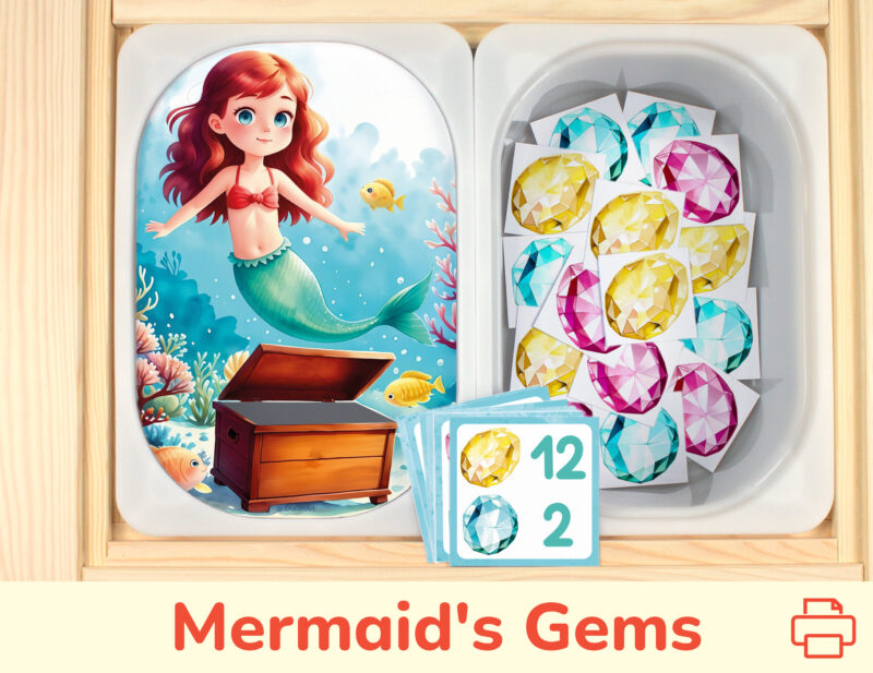 Mermaid's treasure chest sorting and counting activity placed on trofast boxes in ikea flisat children's sensory table. Printable activity for the treasure island adventure unit for toddler girls.
