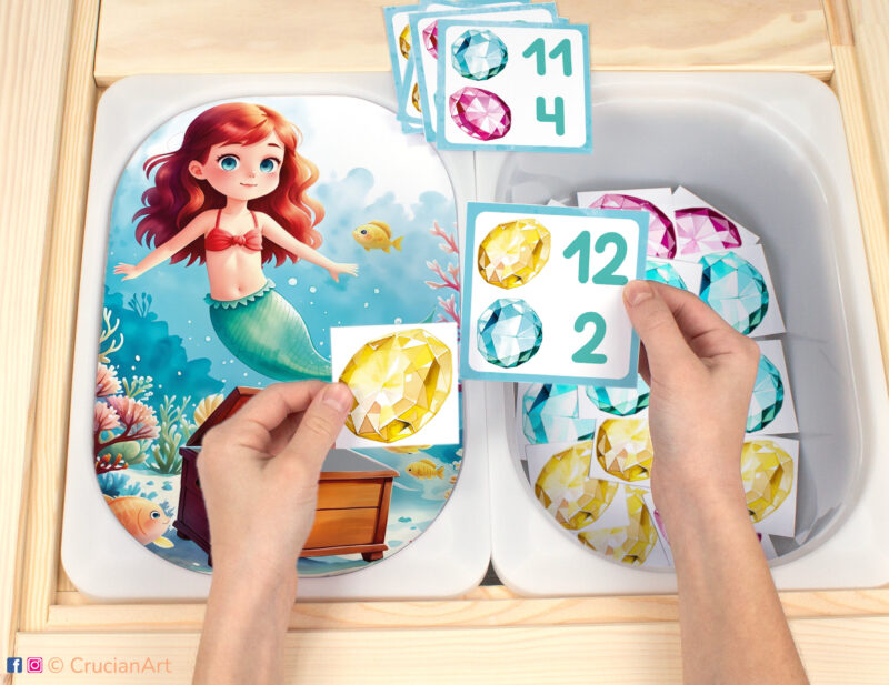 Let's sort yellow, blue and pink gems Flisat insert resource for girls. Mermaid theme early math counting activity placed on an IKEA children's sensory table.