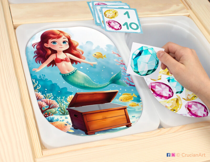 Mermaid's treasure chest sensory play for a daycare center. Printable template for ikea flisat table bins for kids. Classroom educational printables for preschool girls.