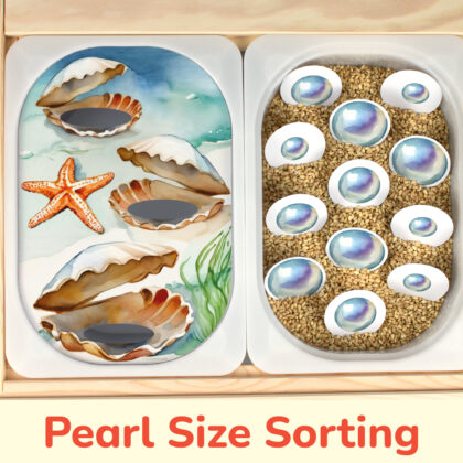Pearl size sorting insert placed on Trofast sensory bins in IKEA Fflisat children's sensory table.