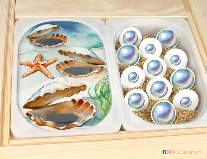 Ocean-themed play setup for a pearl size sorting game. Summertime sensory table insert. Printable template for ikea flisat sensory table bins for kids.