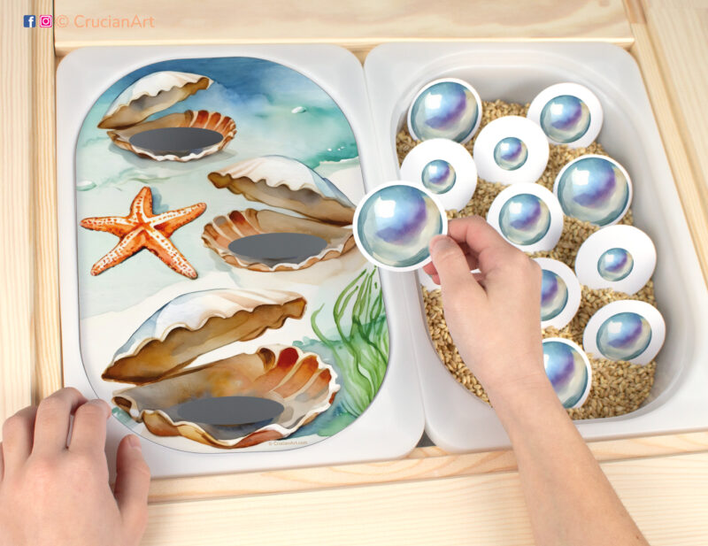 Pearl size sorting sensory play for a daycare center. Printable template for ikea flisat table bins for kids. Classroom educational printables for an ocean unit.