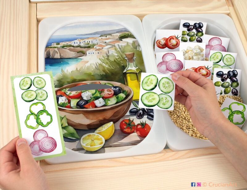 Build Your Greek Salad activity with tomatoes, cucumbers, green bell pepper, olives, red onion, and feta cheese matching activity for toddlers. Printable template for flisat sensory table for children.