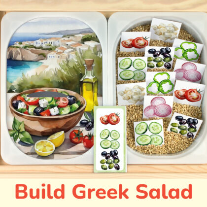 Build Greek salad matching activity for kids. Printable insert placed on Trofast sensory bins in IKEA Fflisat children's sensory table.