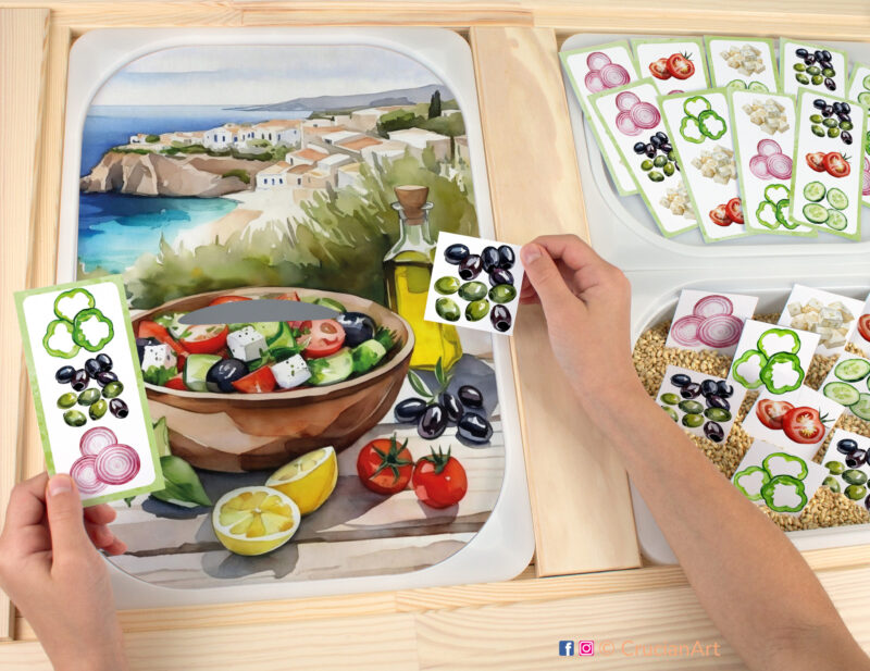 Making Greek salad with tomatoes, cucumbers, green bell pepper, olives, red onion, and feta cheese pretend play. Printable template for ikea flisat sensory table trofast bins for kids. Classroom educational printables for preschoolers.