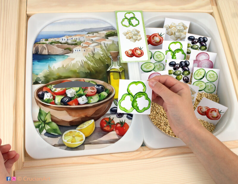 Greek Salad Maker pretend play for toddlers and preschoolers: sorting tomatoes, cucumbers, green bell pepper, olives, red onion, and feta cheese. Visual discrimination printable learning activity for sensory table bins.