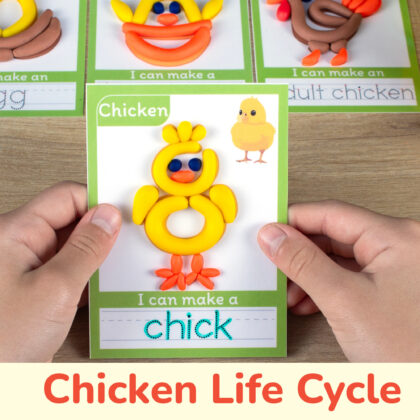 Printable playdough mats for preschool spring season curriculum. Chicken life cycle themed play doh mat with tracing word.