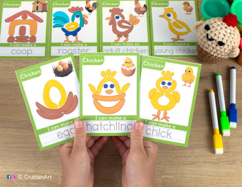 Life cycle of a chicken printable playdough materials for preschool teachers. Spring activity for Play-Doh with images of egg, hatchling, and a chick. Farmyard unit printables.