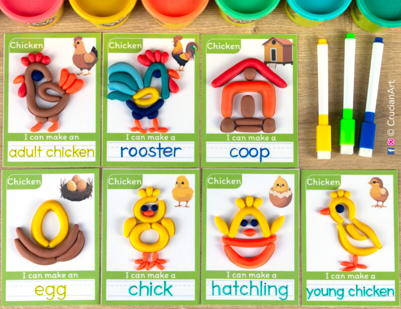 Set of chicken life cycle theme printable materials for playdough sensory station. Playdough mats for Play-Doh with images of an egg, chick, hatchling, young chicken, adult chicken hen, rooster, coop.