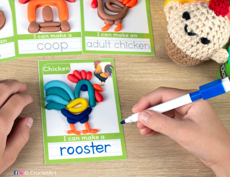 Printable rooster theme playdough mats. Spring season play dough mat with an illustration of a life cycle of a chicken. Do-it-yourself language learning educational resources for childcare centers.