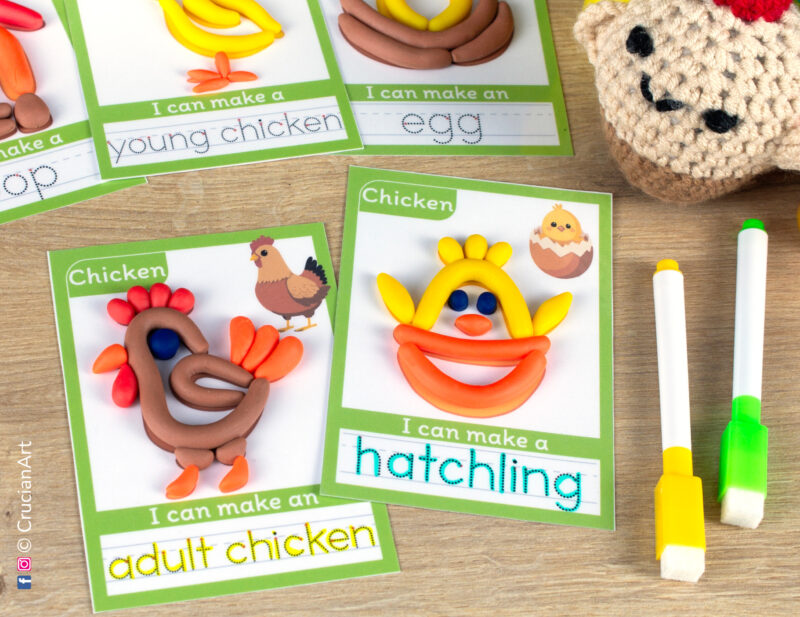 Set of printable playdough mats for a Chicken Life Cycle theme: adult chicken and hatchling.