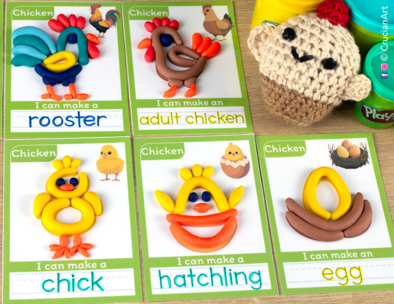 Chicken life cycle playdough mats for preschool spring nature unit. Play-doh mats with a chick, hatchling, egg, hen, rooster.