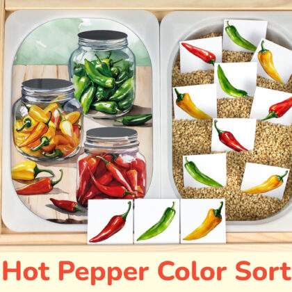 Hot chili peppers color sorting insert placed on Trofast sensory bins in IKEA Fflisat children's sensory table. Printable learning activity template.
