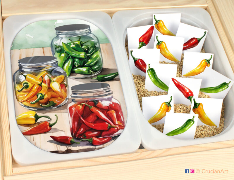 Food-themed play setup for hot peppers color sorting game. Summertime sensory table insert. Printable template for ikea flisat sensory table bins for kids.