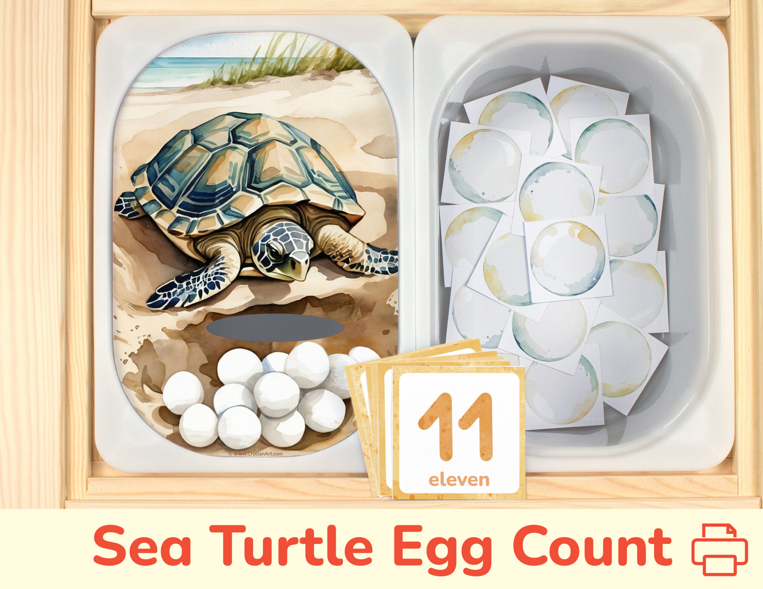 Sea Turtle Egg themed preschool counting activity placed on trofast boxes in ikea flisat children's sensory table. Printable toddler activity for ocean animals unit.
