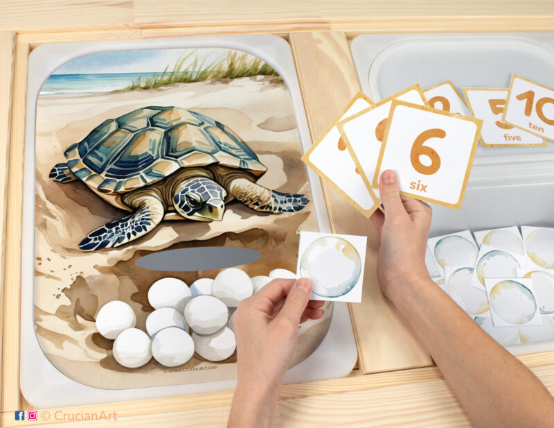 Sea turtle egg counting game for toddlers: ocean animals theme worksheet for an educational activity. DIY template inserted into ikea flisat table, with counters placed in the trofast bin.
