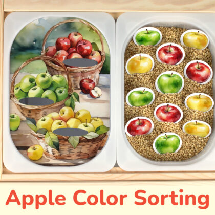 Apple color sorting insert placed on Trofast sensory bins in IKEA Fflisat children's sensory table. Summer fruits and fall harvest theme printable learning activity for toddler.