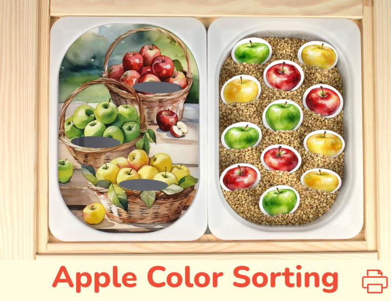 Apple color sorting insert placed on Trofast sensory bins in IKEA Fflisat children's sensory table. Summer fruits and fall harvest theme printable learning activity for toddler.