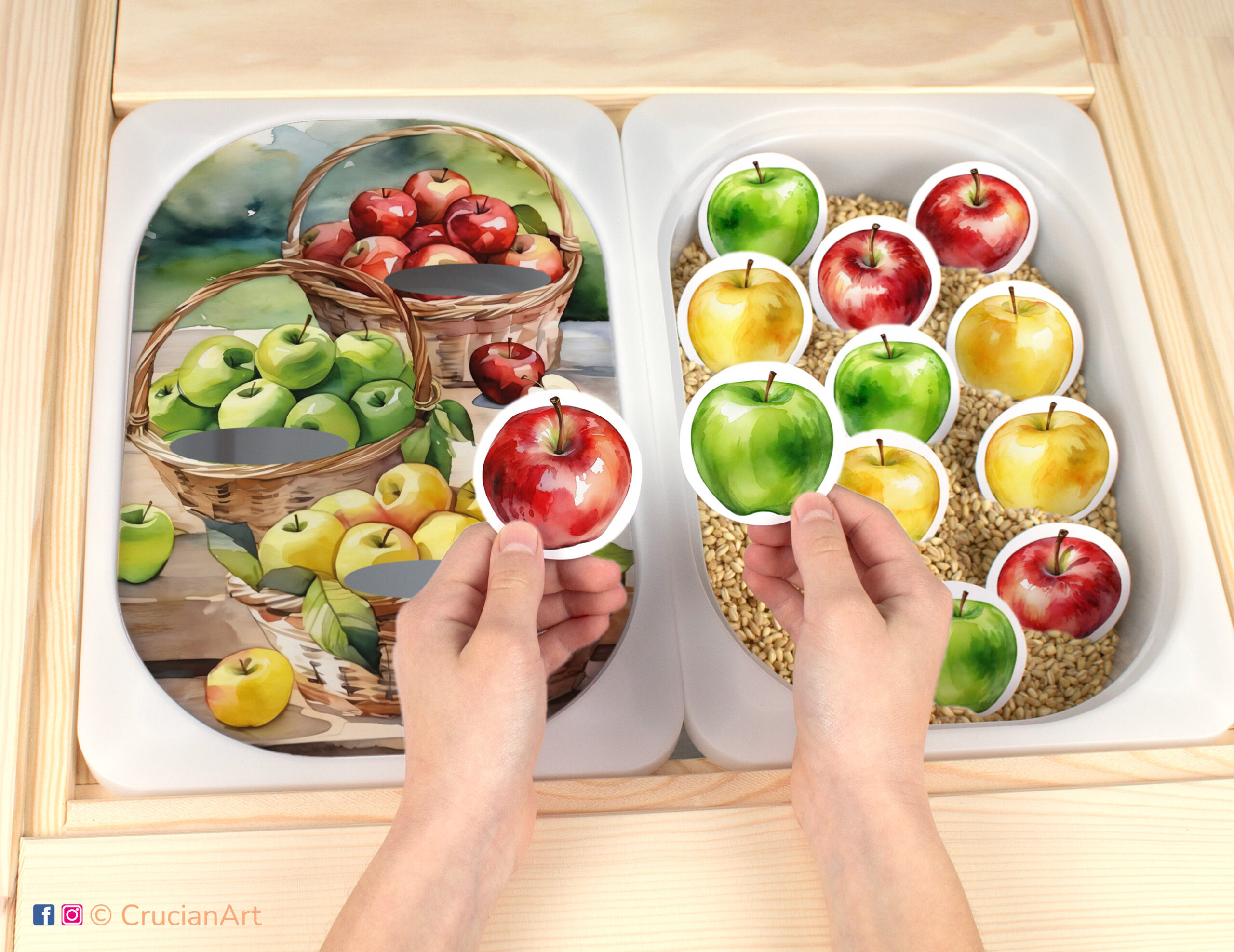 Printable summertime template inserted into IKEA flisat table bins. Apple color sorting activity for toddlers.