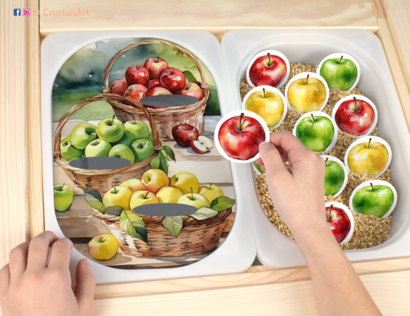 Apple color sorting sensory play for a daycare center. Printable template for ikea flisat table bins for kids. Classroom educational printables for autumn harvest apple unit.