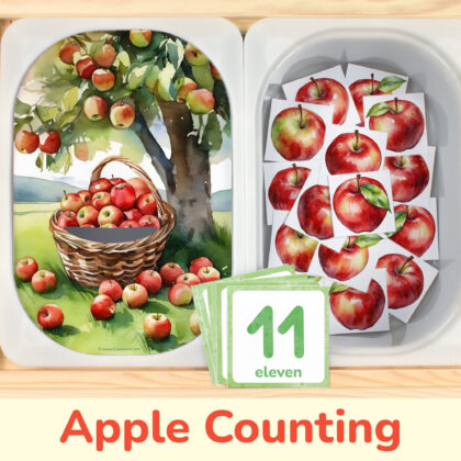 Apple counting activity placed on trofast boxes in ikea flisat children's sensory table. Printable toddler activity for the summer and fall harvest unit.