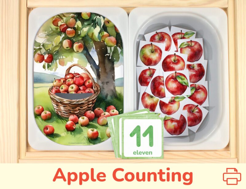 Apple counting activity placed on trofast boxes in ikea flisat children's sensory table. Printable toddler activity for the summer and fall harvest unit.