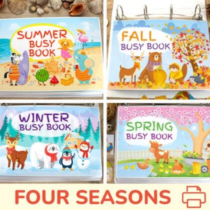 Set of four seasons theme actvitiy books: fall busy book, winter busy book, spring busy book, summer busy book. Printable templates for diy quiet book.