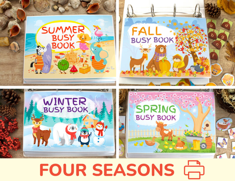 Set of four seasons theme actvitiy books: fall busy book, winter busy book, spring busy book, summer busy book. Printable templates for diy quiet book.