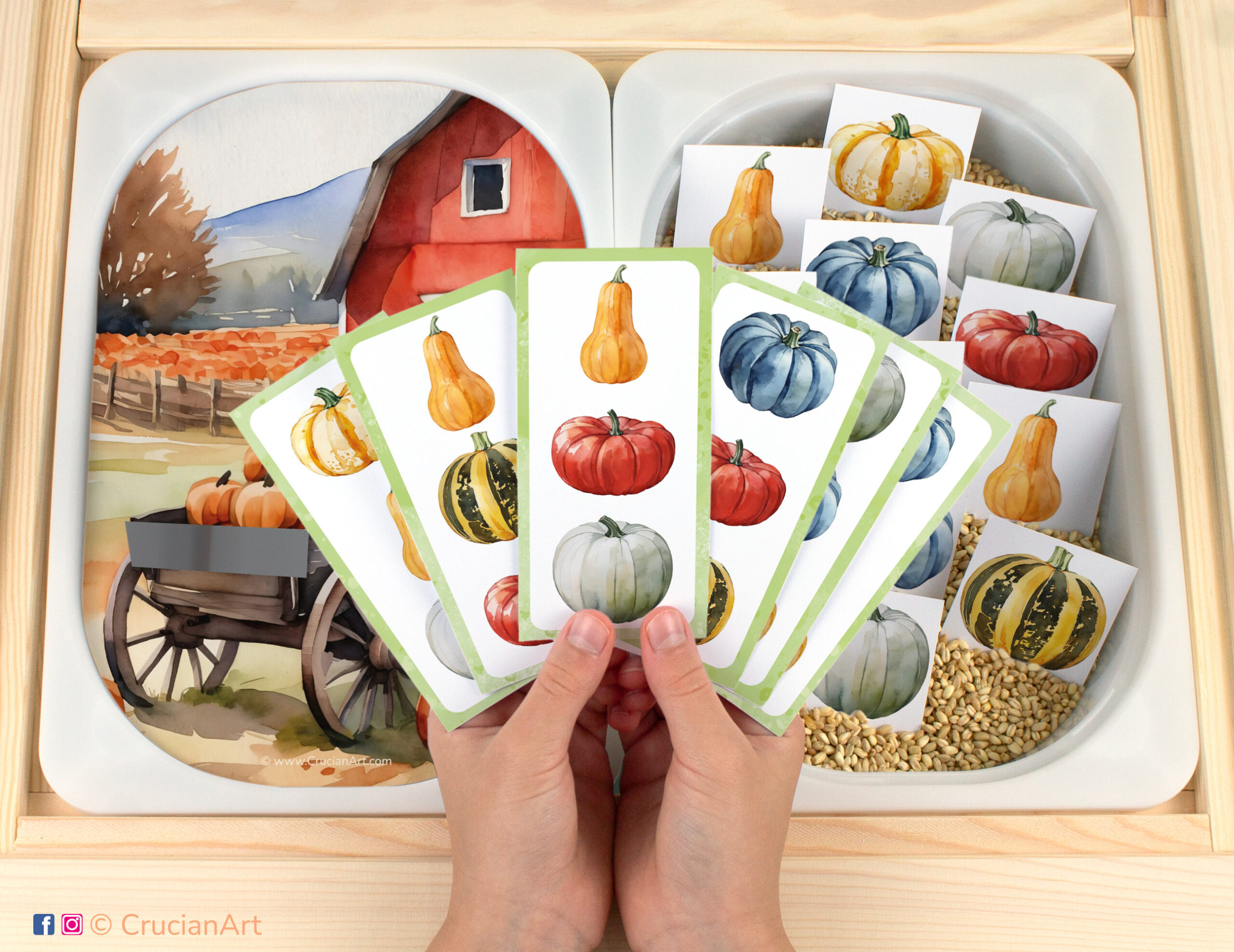 Autumn harvest on the barn yard pretend play setup for a matching game. Kids' hands holding task cards displaying pumpkins and squash. Fall season printables for toddlers.