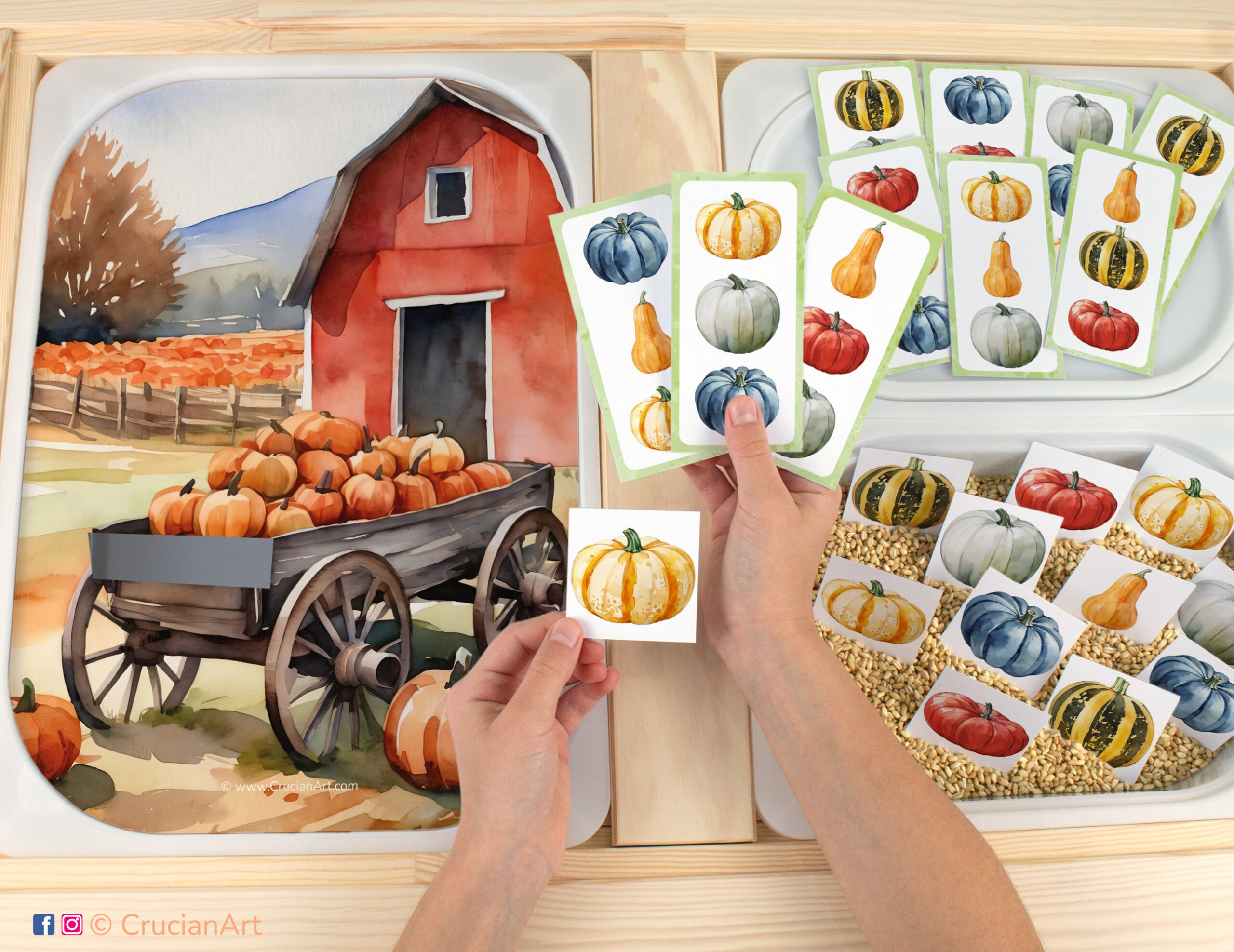 Fall harvest on the farm activity for toddler matching play. Printable educational template for flisat sensory table. Pieces with pumpkins and squash placed in the Trofast bin.