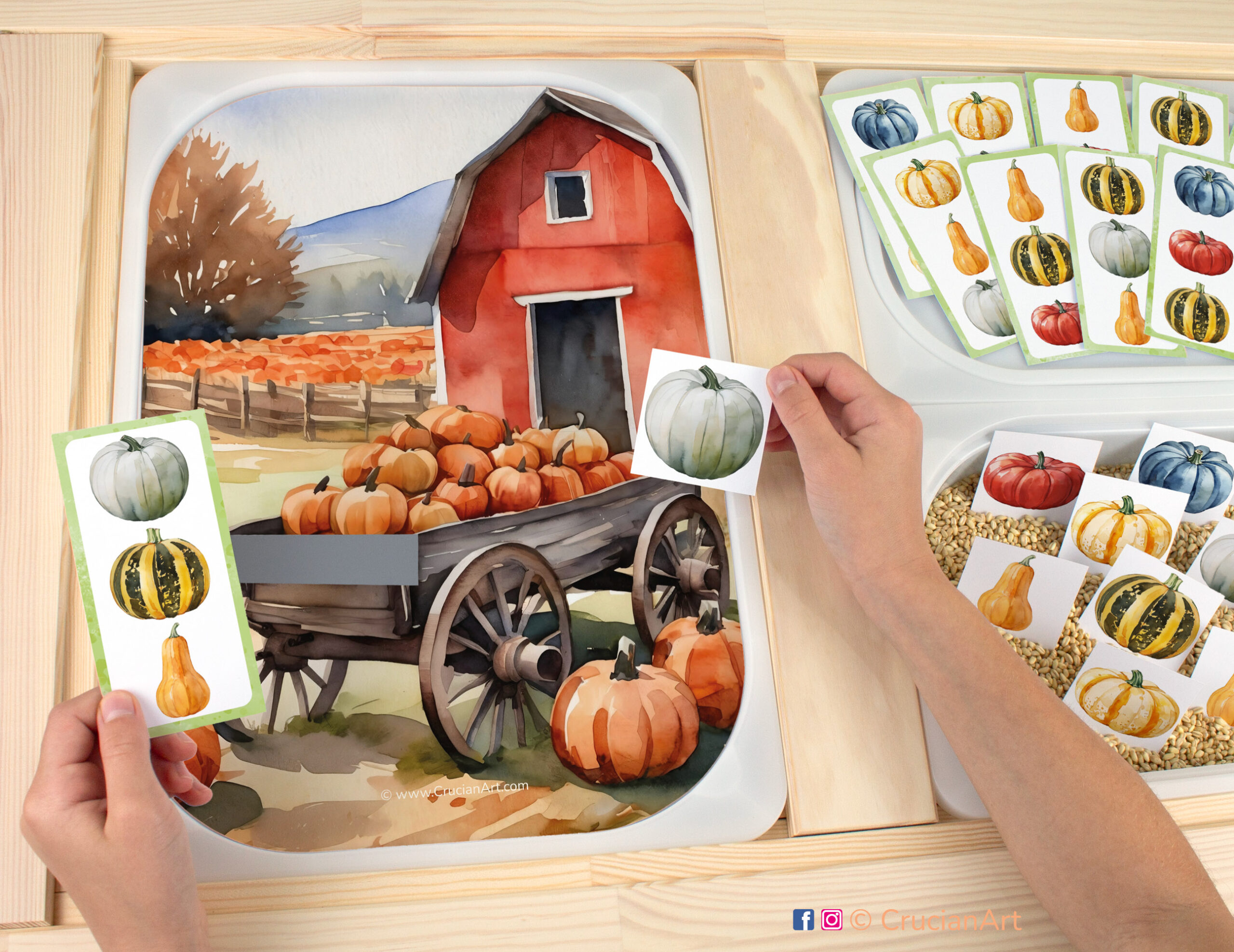 Autumn harvest on the farm pretend play: pumpkin and squash. Printable template for ikea flisat sensory table trofast bins for kids. Classroom educational printables for preschoolers.