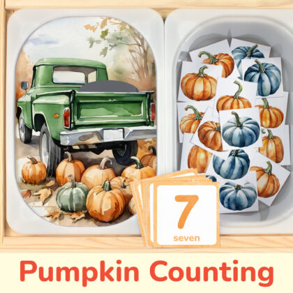 Pumpkin counting activity placed on trofast boxes in ikea flisat children's sensory table. Printable toddler activity for the fall harvest unit.