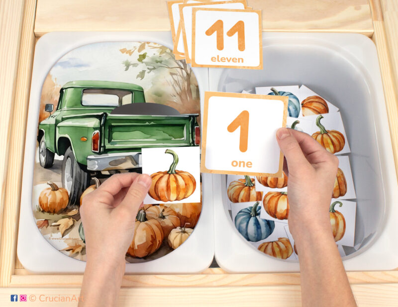 Pumpkin count flisat insert resource in a Montessori preschool: early math counting activity placed on an ikea children's sensory table. Autumn harvest theme play for kids sensory table insert.