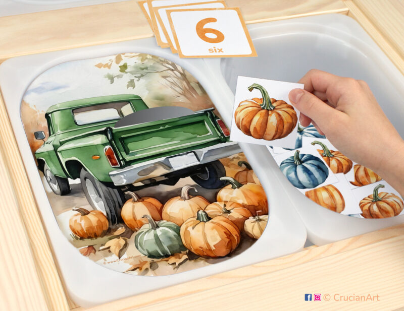 Pumpkins count sensory play in a childcare center: classroom learning printable materials for fall harvest unit. Counting trofast insert template for kids sensory bins. Printables for the ikea flisat sensory table.