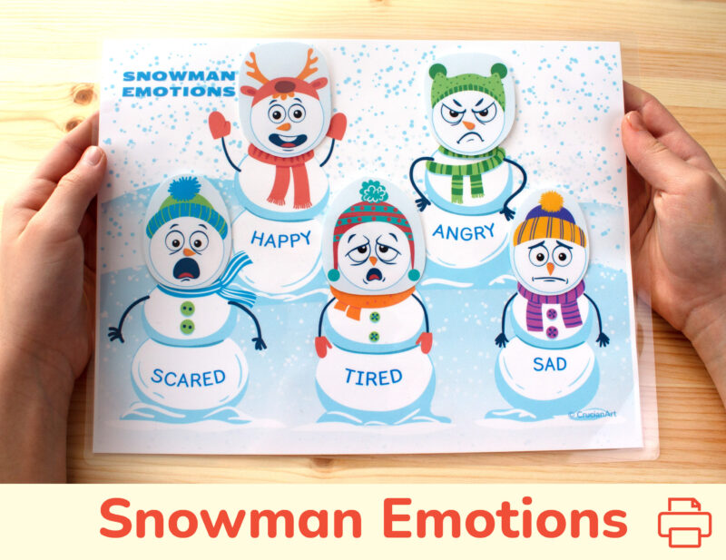 Snowmen emotions printable activity for winter season. Preschool educational resource for preschool teachers.