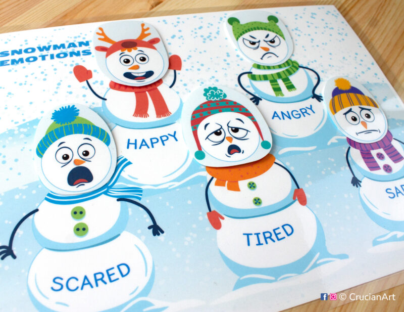 Learn basic emotions and feelings. Preschool learning activity for emotional intelligence. Winter season printables for toddlers and preschool classrooms.