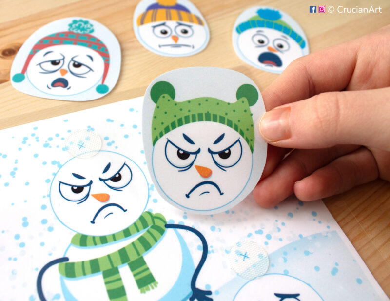 Snowman emotions and feelings printable preschool activity for toddlers.